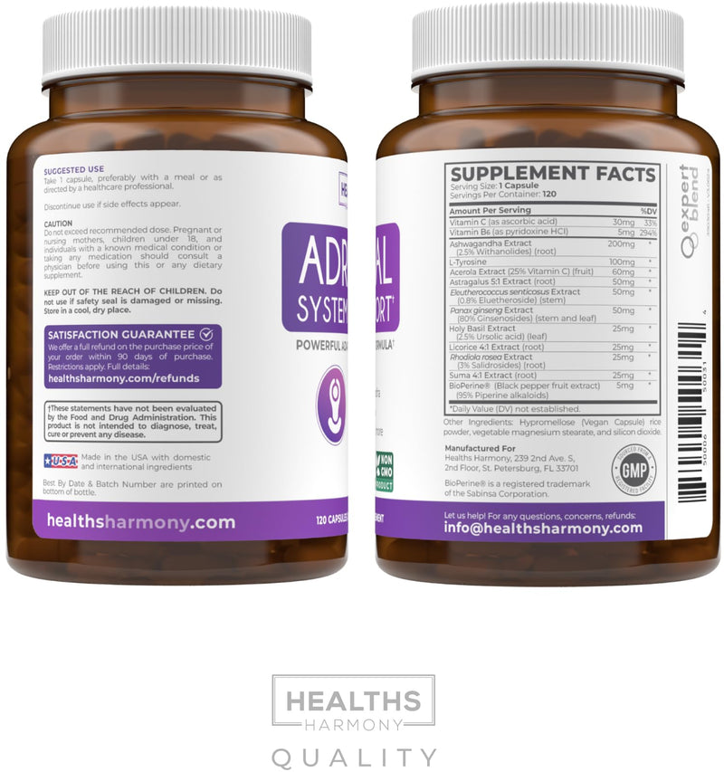Adrenal Support & Cortisol Manager (Non-GMO) Powerful Adrenal Health with L-Tyrosine & Ashwagandha - Maintain Balanced Cortisol Levels & Stress Relief - Fatigue Supplement - 120 Capsules 120 Count (Pack of 1)