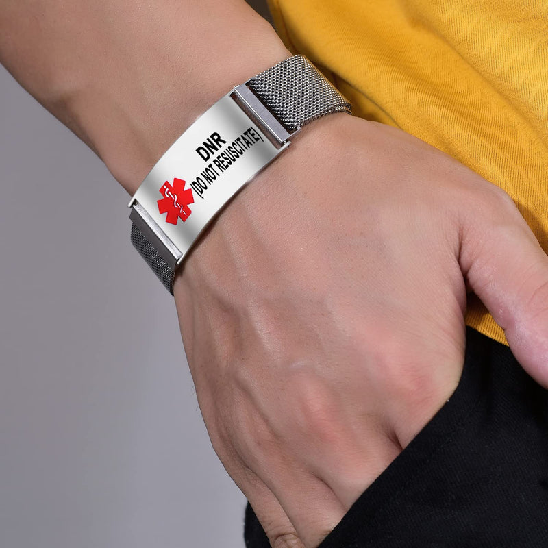 Medical Alert Bracelets for Men Women Medical Id Bracelets with Free Laser Engraving Adjustable Stainless Steel Band Magnetic Security Clasp Dual-Side Engraving DNR(DO NOT RESUSCITATE)