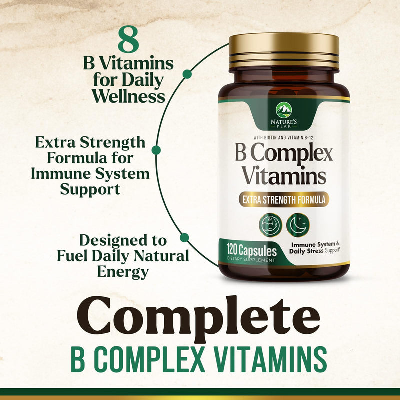 B Complex Vitamin Supplement with Vitamin C & Folic Acid - 120 Capsules | Super B Vitamin Complex - Contains B1, B2, B3, B6, and B12 vitamins for comprehensive nutritional support 120 Count (Pack of 1)