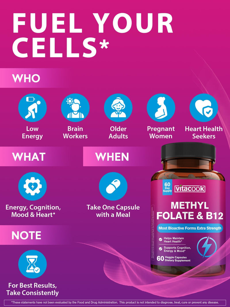 L-Methylfolate Supplement 1000 mcg with Methyl B12 Cofactor, 60ct | High Potency Bioactive Folate & Vitamin B12 1000 mcg , Heart Health, Nerves, Cognition, Energy Metabolism, Mood,