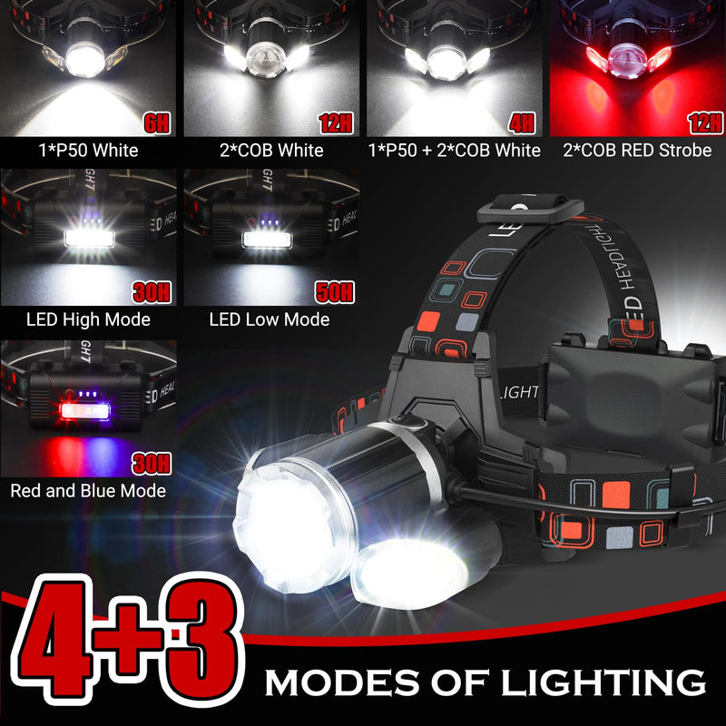 2 Pack Headlamp Rechargeable, 1500 High Lumen Head Lamp, Super Bright LED Head Light Camping Accessories with Red Light, 4 Modes USB Recharge Flashlight, Waterproof Headlight Camping Gear Black 2 Count (Pack of 1) - BeesActive Australia