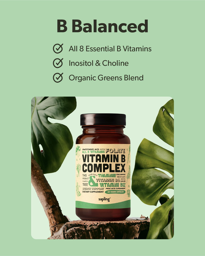 sapling Vegan Vitamin B Complex - Whole Food Blend with Essential B Vitamins B1, B2, B3, B5, B6, B7, Folate, B12-60 Caps