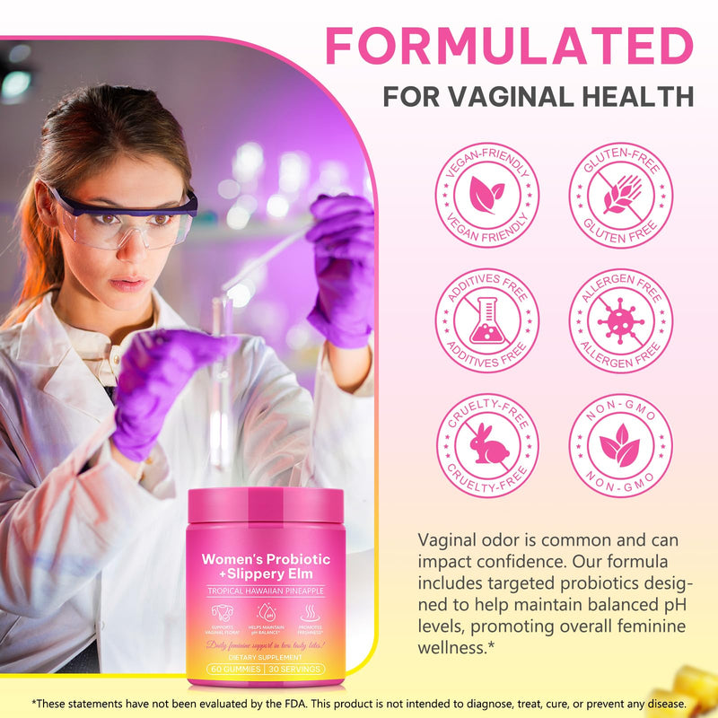 2Pack Feminine Probiotics Gummies,Vaginal Women Probiotic,Feminine Balance pH Gummies for Healthy Odor,Improve Immune,Support Vaginal Health,with Slippery Elm(60 Gummies) 30 Count (Pack of 2)