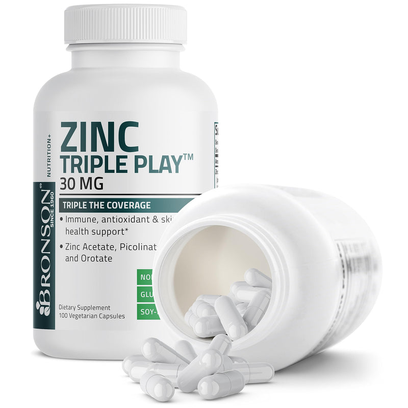 Bronson Zinc Triple Play 30 mg Triple Coverage Immune Support Zinc Supplement with Zinc Acetate, Picolinate & Orotate - Immune, Antioxidant & Skin Health Support - 100 Vegetarian Capsules 100 Count (Pack of 1) - BeesActive Australia