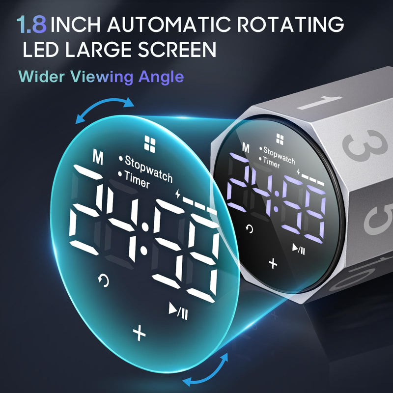 Digital Pomodoro Timer,Frosted Metal Productivity Cube Timer,1.8 in LED Digital Large Screen and Auto-Rotating Display,1/3/5/10/25/30/60min&Custom Time, Silent & Alarm,for Office, Study, Work(Grey) - BeesActive Australia
