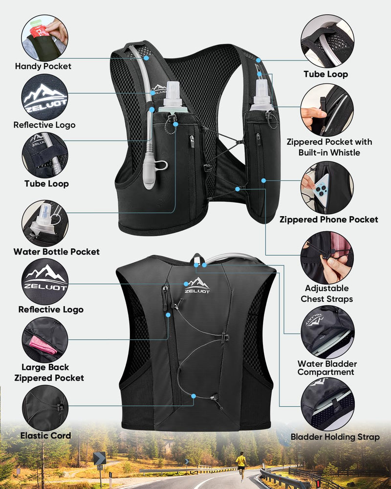 Running Vest for Women Men, USA Original Patent, Lightweight Adjustable Running Hydration Vest with 2L Water Bladder, Reflective Hydration Backpack for Marathon Hiking Black Medium-Large