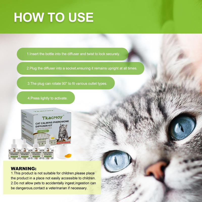 Cat Calming Diffuser, 4-in-1 Pheromone Refills for Anxious Cats, 120-Day Continuous Stress Relief for Multi-Cat Harmony A