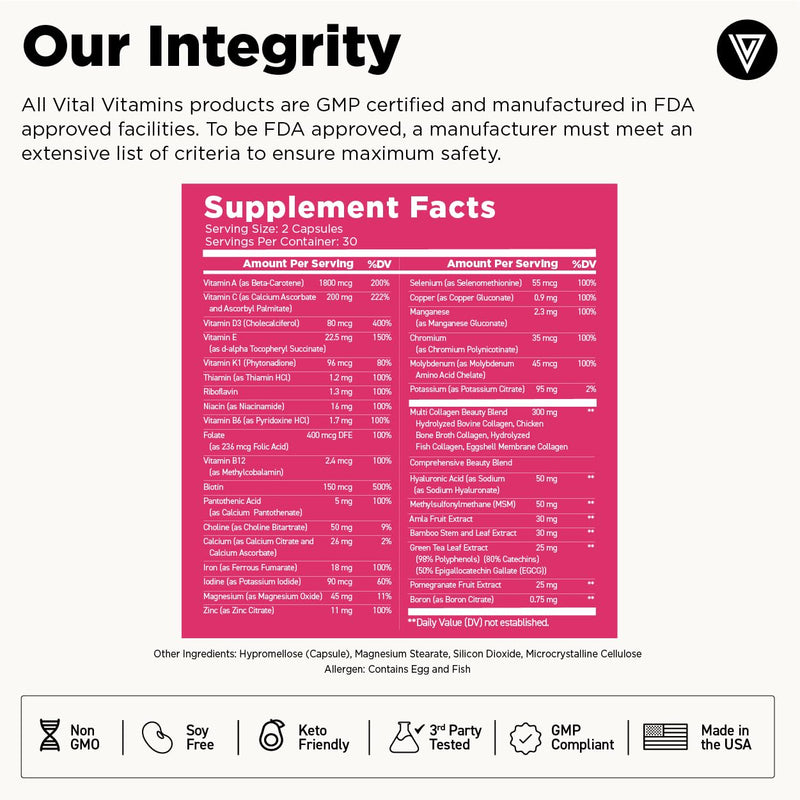 Vital Vitamins Women's Multivitamin Complex with Collagen & Hyaluronic Acid | 25 Vitamins and Minerals, Multi-Collagen Blend, Hyaluronic Acid & MSM for Hair, Skin & Nails, 60 Capsules