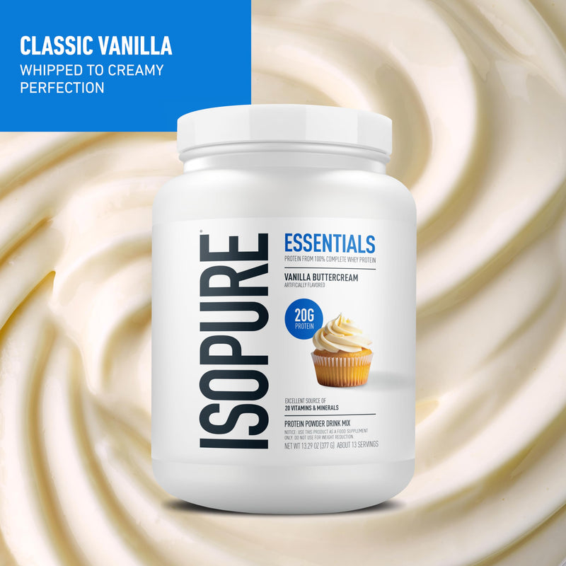 Isopure Essentials 100% Whey Protein Powder, with Vitamins, 20g Protein Per Serving, Vanilla Buttercream, 13 Servings (Pack of 1) | 20g Complete Whey Protein Per Serving, with Added Vitamins for Immune Support & Muscle Recovery, Decadent Rich Flavor