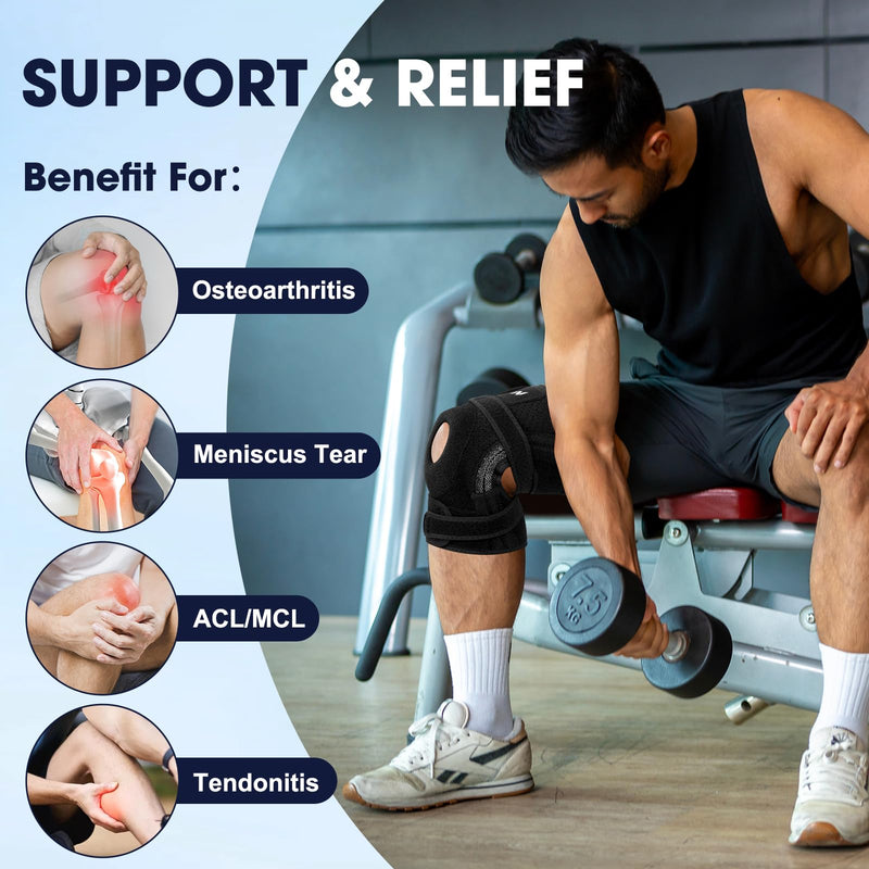NEENCA ELITE Knee Brace for Men & Women - Open-Back Knee Support with Side Stabilizers & Patella Support for Meniscus Tear, Arthritis Pain, Injury Recovery, Running, Sports (Black, Large) Black
