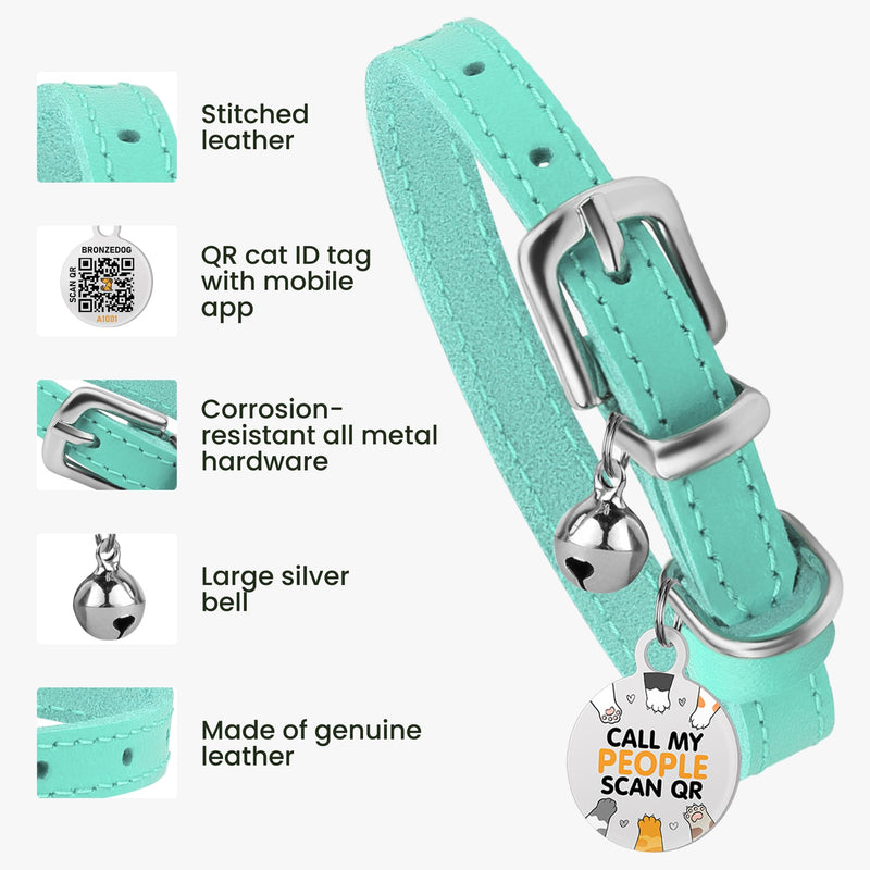 BRONZEDOG Leather Cat Collar with Bell Non Breakaway Kitten QR Tag for Girl Boy (7" - 9" for Cats, Turquoise & Silver) 7 - 9 inch - BeesActive Australia