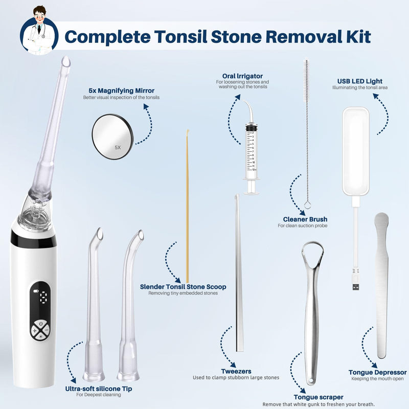 Voraiya Tonsil Stone Removal Kit, Electronic Vacuum Tonsil Stone Remover, 8 Suction Mode, Built-in LED Light, Fight Bad Breath, Oral Irrigator, Tonsil Cleaner, Tongue Scraper White - BeesActive Australia