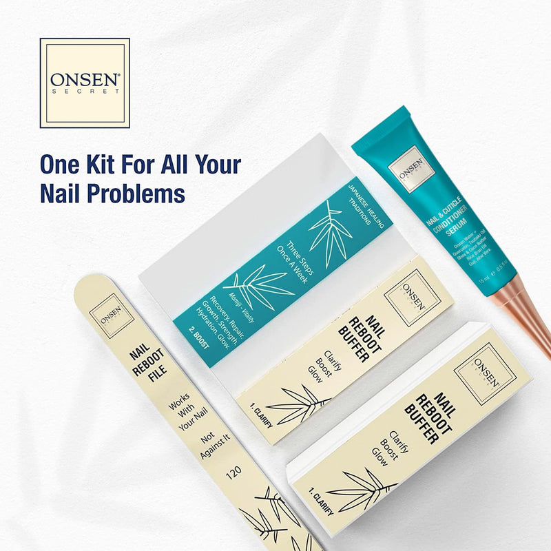 Onsen Secret Nail Care Kit - w/Cuticle Care Serum, Japanese Nail Buffer and Shine Kit - Strengthening & Shining - Spa-Quality Manicure - Organic Ingredients - Long-Lasting Shine - Easy & Safe - 1pk Essential Nail Reboot Kit (Serum)