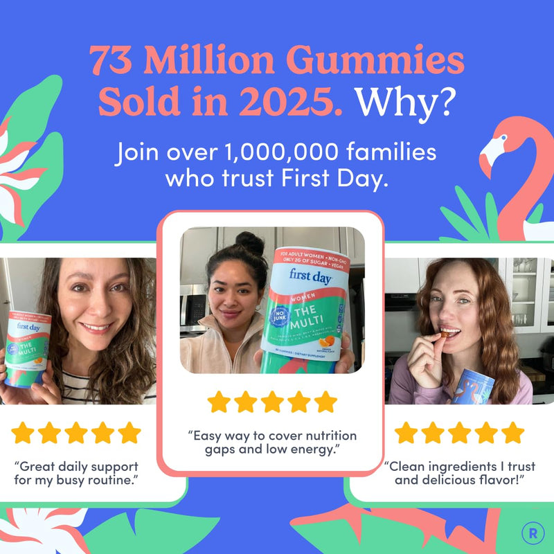 FIRST DAY Women's Multivitamin Gummies with Methylated Folate, 60 Gummies | Vegan daily multivitamin for women with biotin, zinc and organic superfood blend; take 2 gummies daily for everyday nutrition 60 Count (Pack of 1) Womens