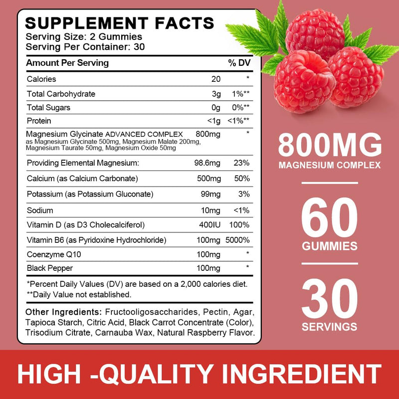 Sugar Free Magnesium Glycinate Gummies, 500mg Magnesium Glycinate with 200mg Magnesium Malate, Taurate, Oxide, COQ10, Vitamin B6 and D3, Sleep & Calm Support, 60 Raspberry Gummies 60 Count (Pack of 1)