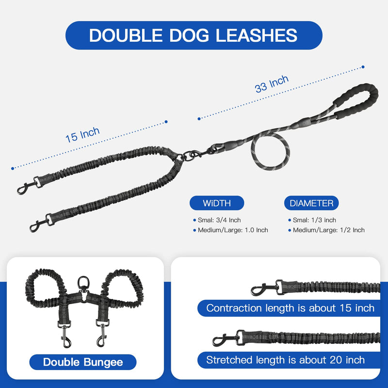 Double Dog Leash, Dual Dog Leash, 360 Swivel Tangle Free Bungee Walking Training Leash for Large Medium Dogs, Shock Absorbing Bungee Reflective Leash for Two Dogs, 18~120 lbs, Black - BeesActive Australia