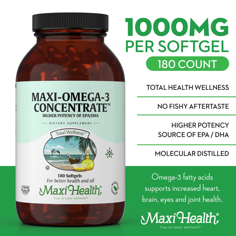 Maxi Health® Fish Oil Omega 3 Supplements, 2000mg (180 Softgels) | Kosher | 680mg EPA + 460mg DHA per Serving | Wild Tuna Fish · Third-Party Tested · Gluten-Free | Heart, Brain & Joint Support 180 Count (Pack of 1)