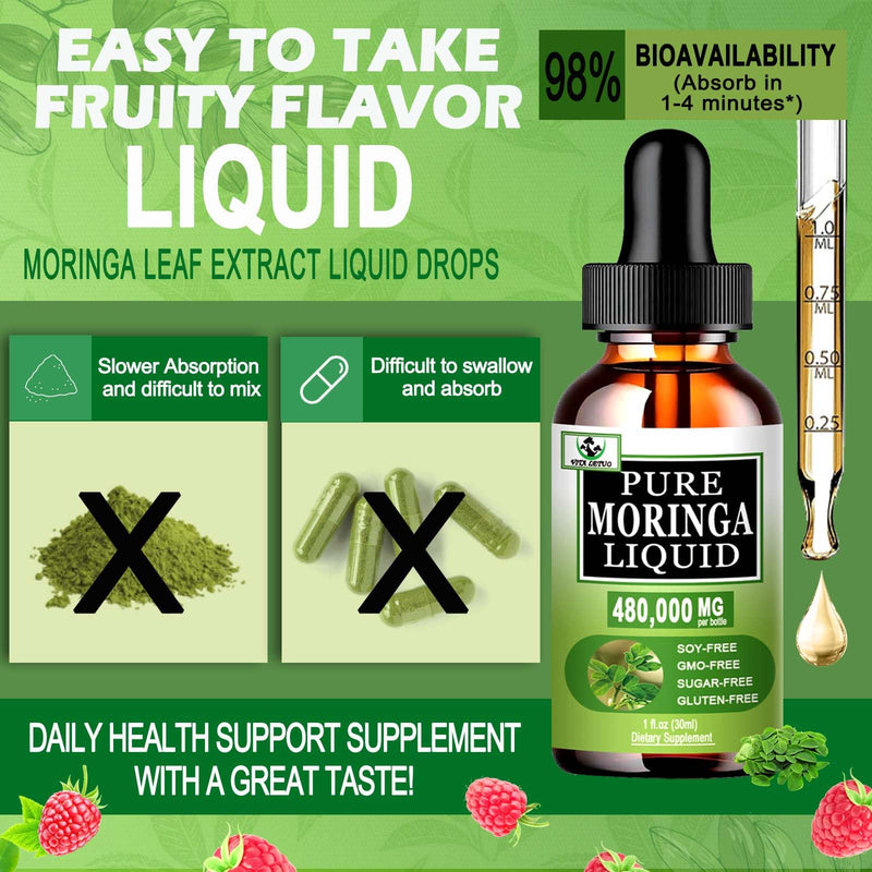 Organic Moringa Liquid Drops for Energy,Metabolism Immune Support,Moringa Leaf Extract 6X Absorption Than Powder Capsule Gummies,Green Superfood Supplement for Women Men