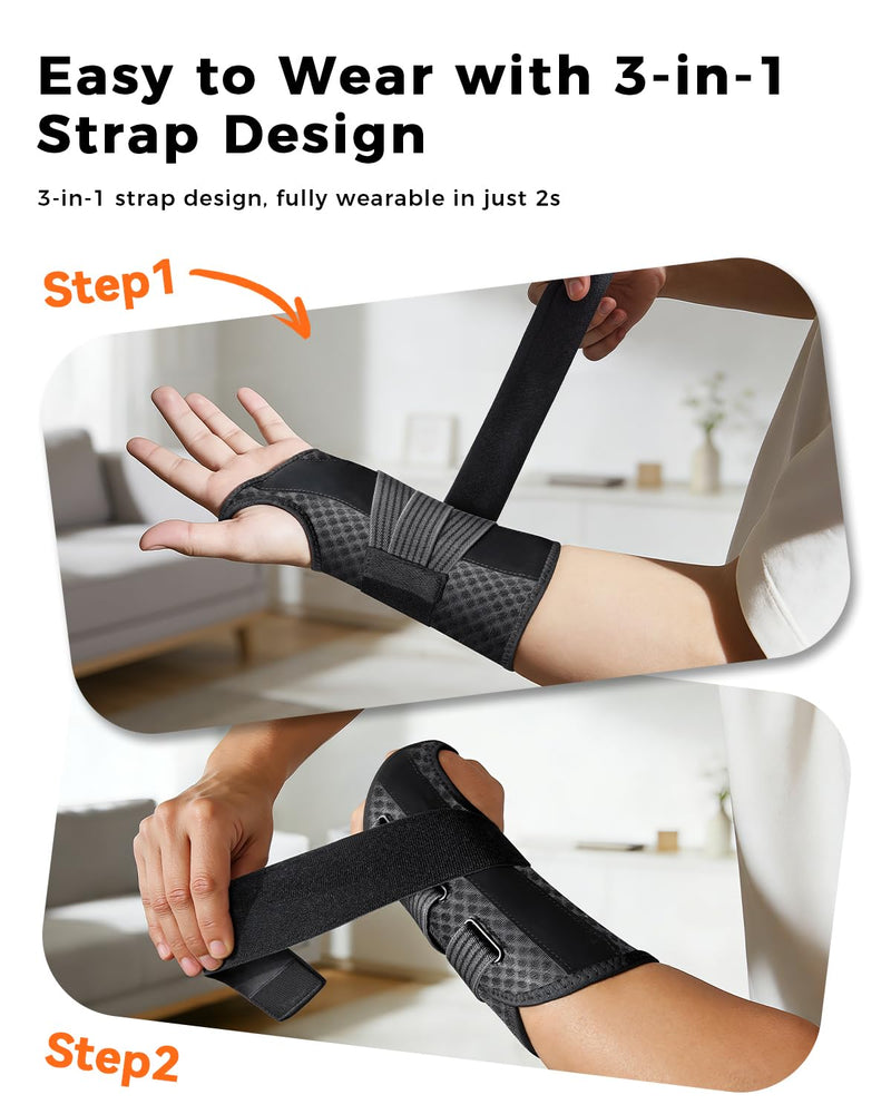Carpal Tunnel Wrist Brace for Women&Men, [Ultra Breathable & Upgraded Support] Night Wrist Support with Metal Splints Fit Right Hand, Rigid Hand Brace for Tendonitis, Sprain, Arthritis, Pain Relief(Black, S/M, Left Hand) Black