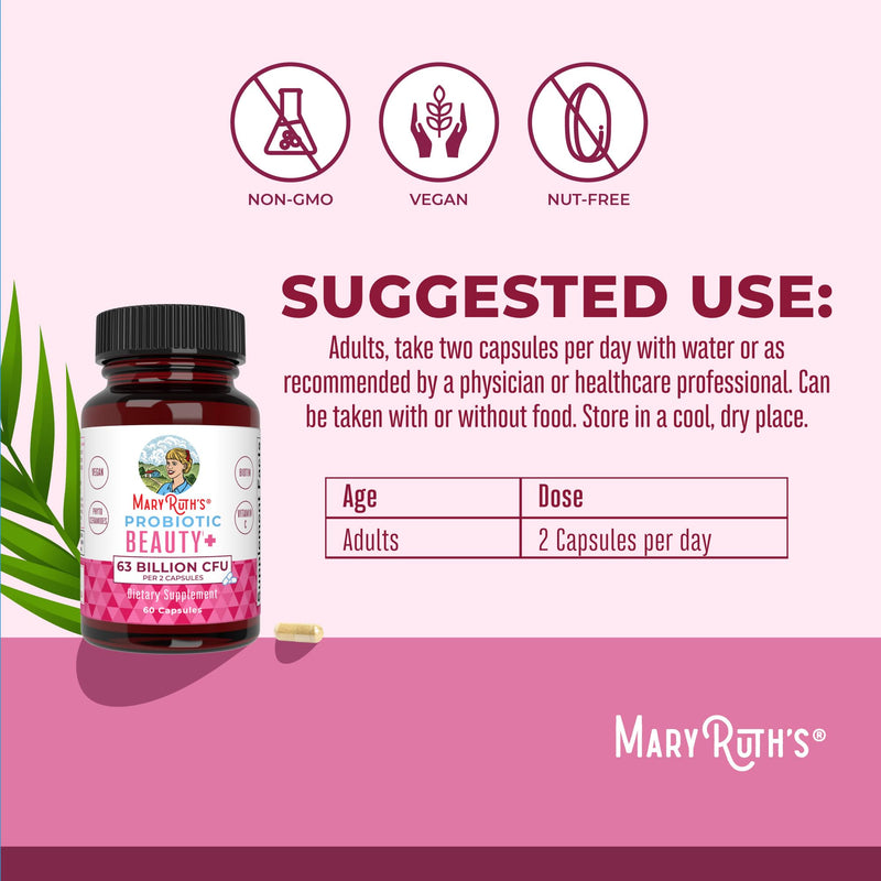 MARYRUTH'S Probiotic Beauty Capsules, Gut Health, Vegan Collagen Support | Red Orange Complex & Ceramosides, Anti Aging, Hair Skin and Nails Vitamins 60 Count (Pack of 1)