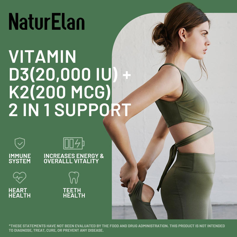 NaturElan Vitamin D3 K2-20,000 IU D3 + 200mcg K2(MK-7), 180 Capsules | Supports Bone, Immune, Heart & Teeth Health, Non-GMO,Vegan, Third-Party Tested, Gluten Free, K2 D3 Vitamin for Men & Women 20,000 IU