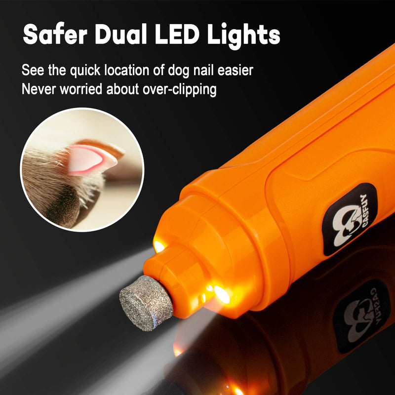 Casfuy Dog Nail Grinder with 2 LED Light - New Version 2-Speed Powerful Electric Pet Nail Trimmer Professional Quiet Painless Paws Grooming & Smoothing for Small Medium Large Dogs and Cats (Orange) A-Orange - BeesActive Australia