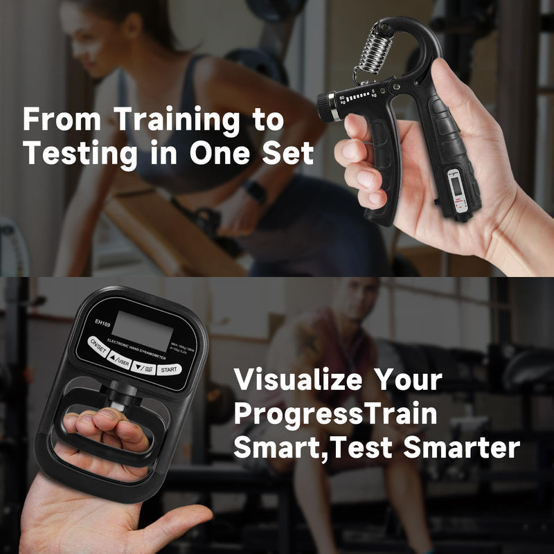 Digital Grip Strength Tester & Trainer Set – LCD Hand Dynamometer with 19-User Memory, USB or Battery Powered + Electronic Grip Exerciser with 1-Touch Reset – Fitness Gift for Men