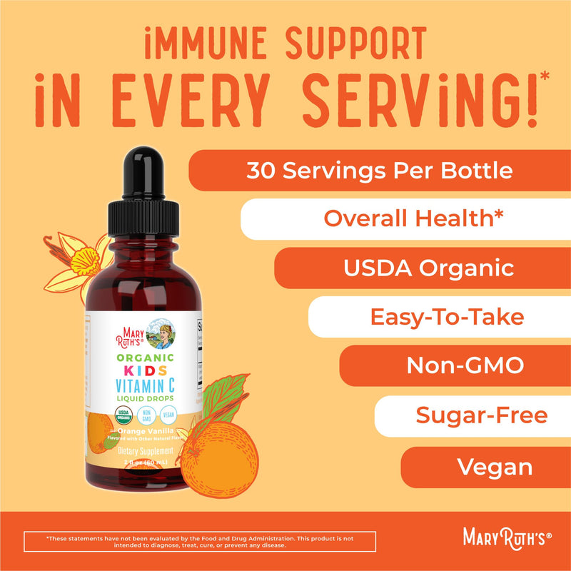 MaryRuth Organics USDA Organic Kids Vitamin C Drops | Vegan Vitamin C Immune Support Supplement for Ages 4-13 | Immune Support & Overall Health | Vitamin C from Organic Acerola Fruit Extract | 2oz - BeesActive Australia