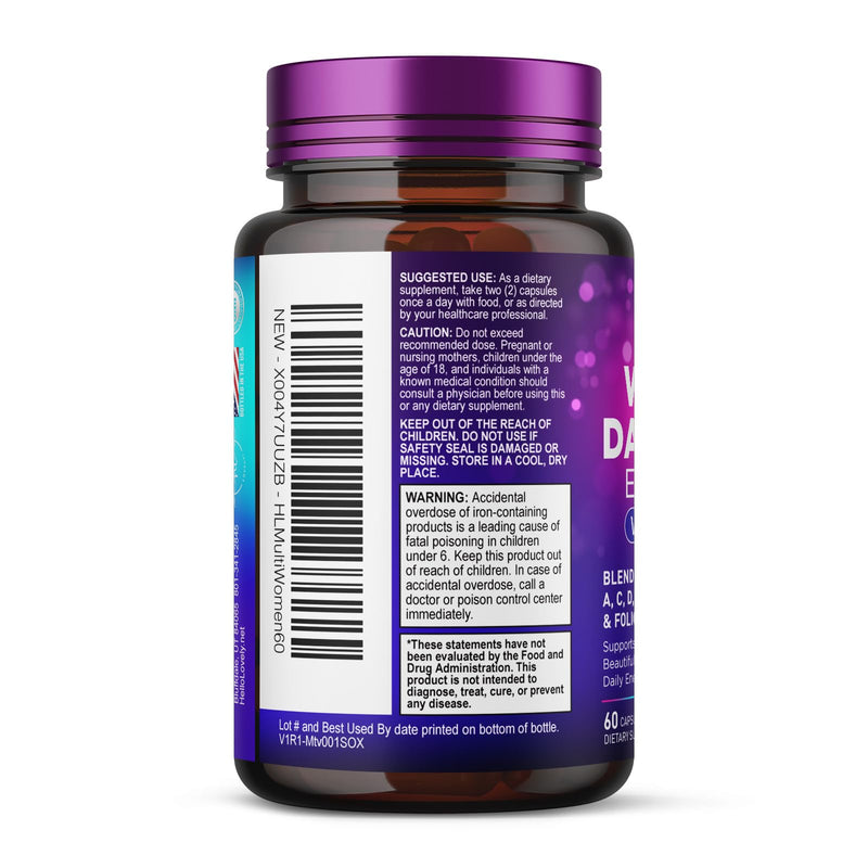 Multivitamin for Women - 3X Strength Daily Women Multivitamin, Vitamins A, D, C, E, Biotin, Folic Acid, Calcium, & Iron, Complete Multi Vitamin for Beautiful Hair & Skin, Bottled in USA, 60 Capsules 60 Count (Pack of 1)