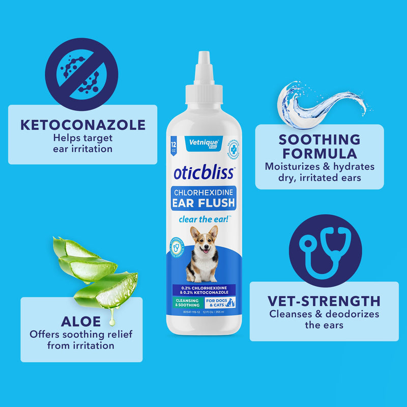 Oticbliss Advanced Cleaning Wipes XL (60 Ct) and Oticbliss Chlorhexidine Flush (12 oz) Bundle Complete Dog Ear Care with Dog Ear Cleaning Wipes Plus Ear Drying Solution for Dogs with Salicylic Acid - PawsPlanet Australia