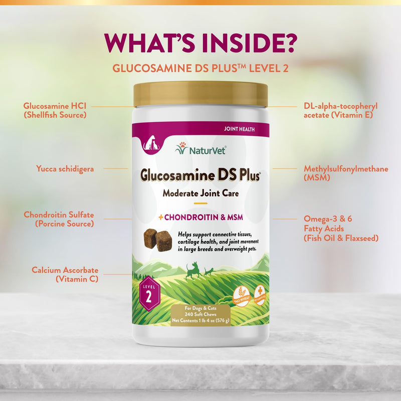 NaturVet – Glucosamine DS Plus - Level 2 Moderate Care – Supports Healthy Hip & Joint Function – Enhanced with Glucosamine, MSM & Chondroitin – for Dogs & Cats – 240 Soft Chews Glucosamine-DS Level 2 - BeesActive Australia