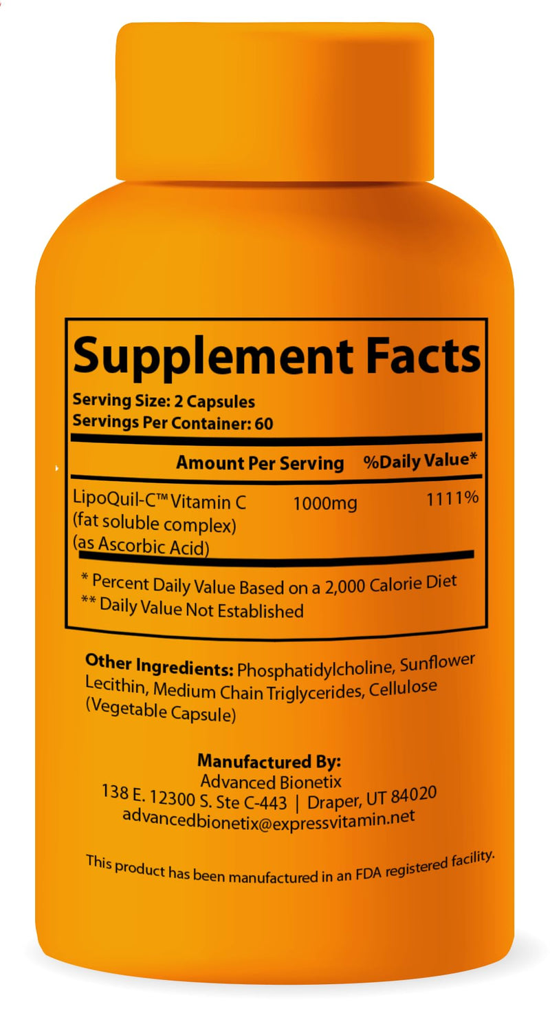 Advanced Bionetix Liposomal Vitamin C Supplement | LipoQuil-C™ Enhanced Absorption Technology | 120 Capsules 1000mg High Dose Fat Soluble Vita C | Immune Support Collagen Support 1