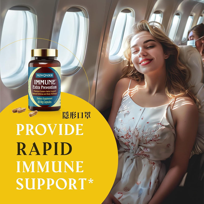 Immune Extra Prevention, Natural Immune Support, Clinically Tested Formula, Natural Defense, Body Wellness, Non-Drowsy, No Chemical Ingredient. Awarded the Greatest Inventions. 60 Capsules