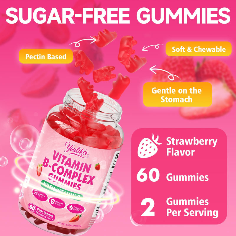 Vitamin B-Complex Gummies for Women & Men, Strawberry Flavor, 60 Count | Methyl B12, B1, B2, B3, B5, B6, B7 & B9 - Vitamin B Complex with Vitamin C for Energy, Brain & Immune Support 60 Count (Pack of 1)