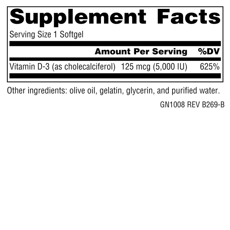 Genexis Vitamin D3 5000 IU (125 mcg) – 200 Softgels | Gluten Free High Potency Cholecalciferol for Immune & Mood Support, and Bone & Muscle Health – Easy-to-Absorb in Olive Oil