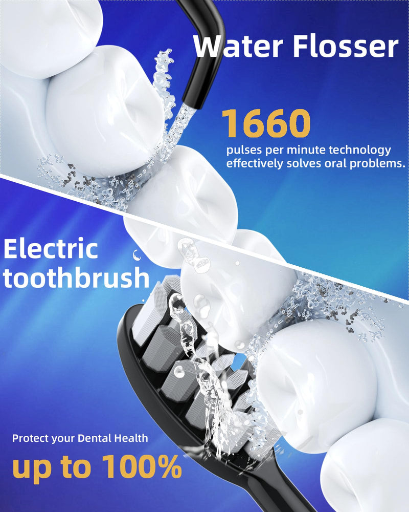 Water Flosser and Electric Toothbrush Combo,2-1 Oral Clean Kit, 5-Speed Sonic Electric Toothbrush & 4-Speed Portable Water Flosser to Clean Teeth and Protect Gum Health, IPX7 (Black-Set) Black-set - BeesActive Australia