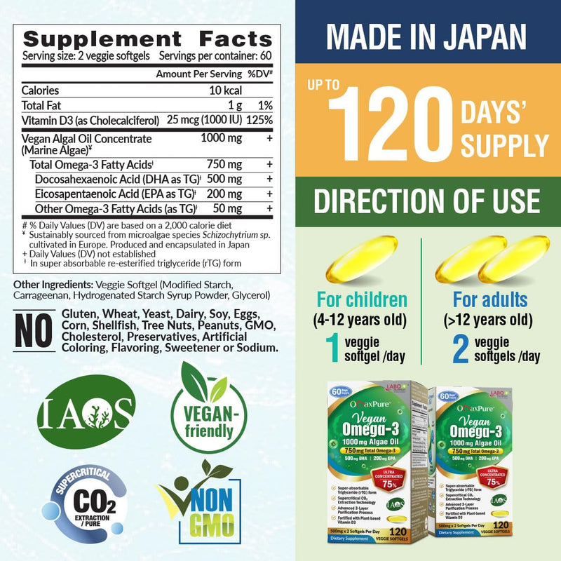 LABO Nutrition OmaxPure Vegan Omega-3 Algae Oil IAOS EPA DHA 120 softgels | IAOS certified 750mg omega-3 from 1000mg algae oil, for heart, brain & eye health, up to 60 days' supply