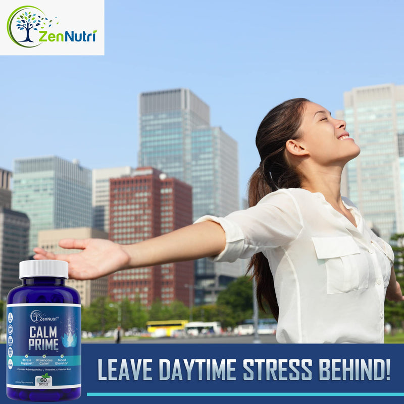 Calm Prime Stress Relief Supplement Non-Drowsy | Mood Support Supplement | Mood Boost | Vegan Daytime Stress Supplements Calm Aid | Stress Vitamins - Ashwagandha, Valerian Root - 60 count - BeesActive Australia