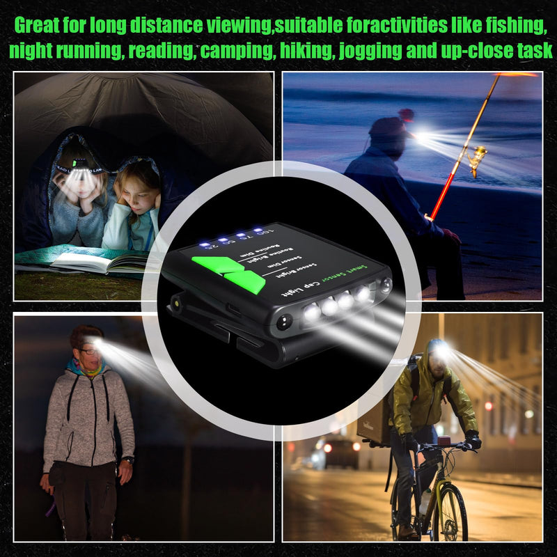 Mudder 4 Pcs Rechargeable Cap Light with Head Strap and USB Cable LED Cap Flashlight Clip Waterproof Ultra Bright Hat Flashlight Headlamp for Hunting Fishing Camping Hiking Cycling