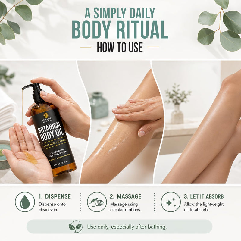 INFINA ESSENTIALS Botanical Body Oil for Dry Skin - 8 fl oz | After Shower, Lightweight Fast-Absorbing Daily Moisturizer with Marine Algae, Squalane & Vitamin E | Silky, Soft, Smooth Skin
