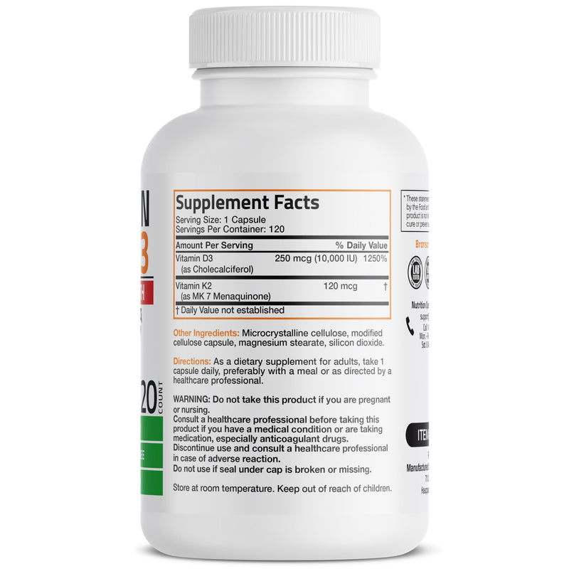 Bronson Vitamin K2 D3 (MK7) Extra Strength D3 & K2 Complex, 120 Capsules | Bone, Immune & Heart Health Support, Gluten Free, Soy Free, Non-GMO, Vitamin D3 10,000IU (250 mcg) & 120 mcg K2 MK-7 120 Count (Pack of 1)