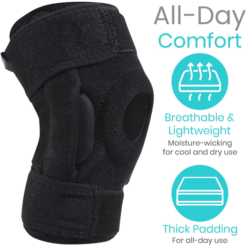 Vive Hinged Knee Brace - Relieves ACL, MCL, Meniscus Tear - Lightweight, Comfortable, Breathable Open Patella Wrap with Side Stabilizers - for Women & Men - Adjustable Strap for Tendonitis Black Small