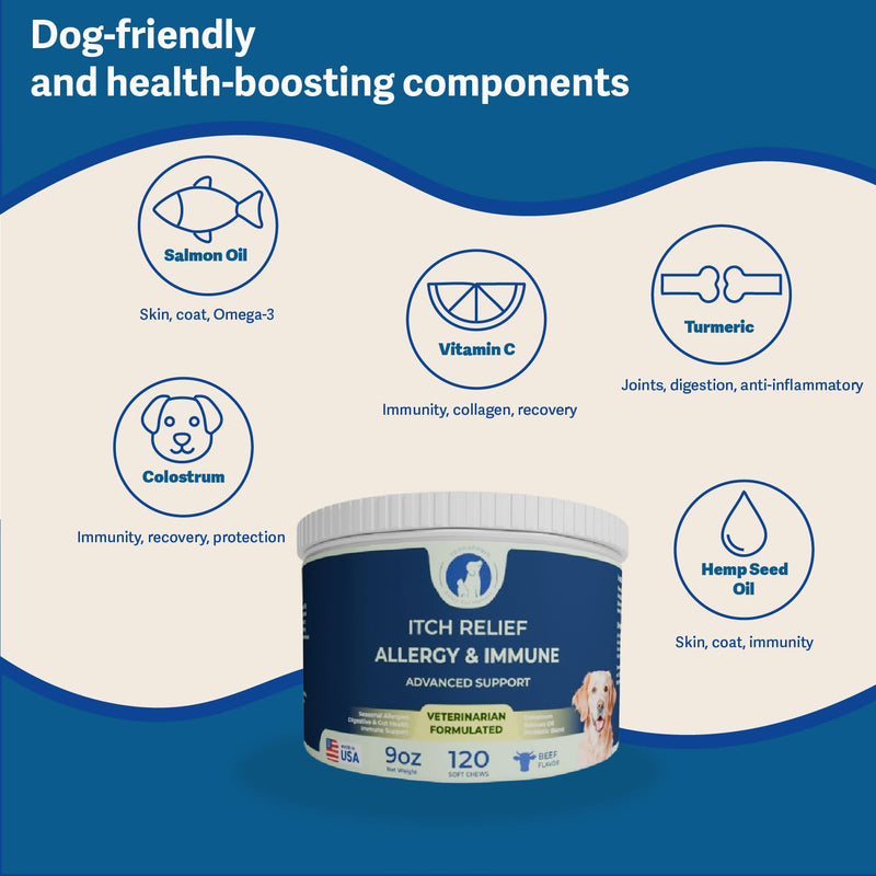 Allergy & Immune Support for Dogs – Soft Chews with Colostrum, Quercetin, Salmon Oil, Hemp Seed Oil, Vitamin C, Turmeric, Bromelain, Probiotics – Itchy Skin Relief, Seasonal Allergy Chews