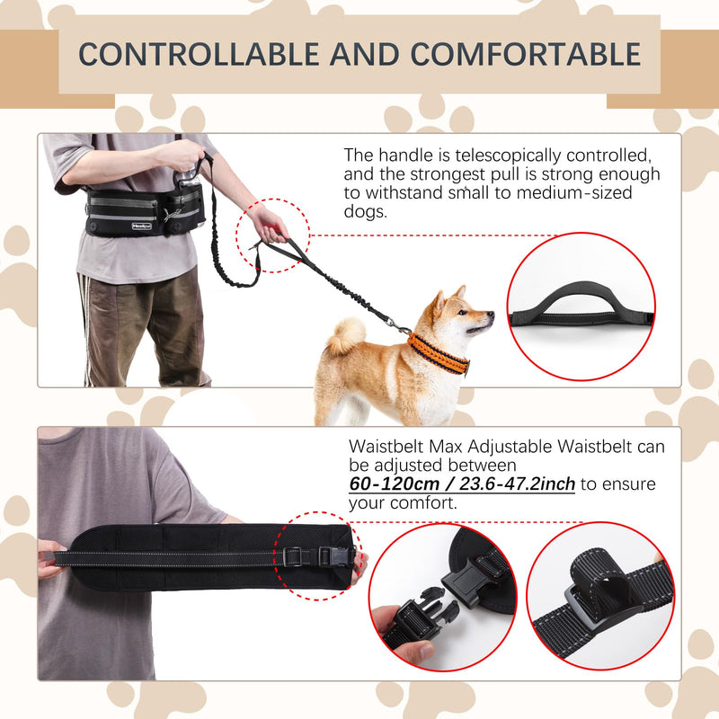 Hands-Free Dog Leash with Pouch, Waist Leash for Dog Walking with Two Dogs, Reflective Stitching, Dual Handle, Bungee Retractable Running Leash for Medium to Large Dogs Black - BeesActive Australia