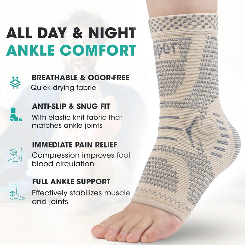 INDEEMAX Copper Infused Ankle Brace for Sprained Ankle, Ankle Compression Sleeve Ankle Support for Women & Men, Achilles Tendonitis Brace, Skin Silver, L