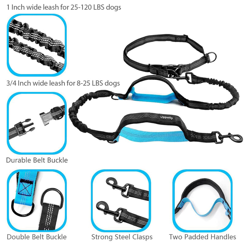 Uppetly Hands Free Dog Running Leash with Adjustable Waist Belt, Dual Handle Elastic Bungees Retractable Rope for Small and Medium Dogs, Reflective Stitches for Walking Hiking Biking (Large, 25-120lb) Medium/Large
