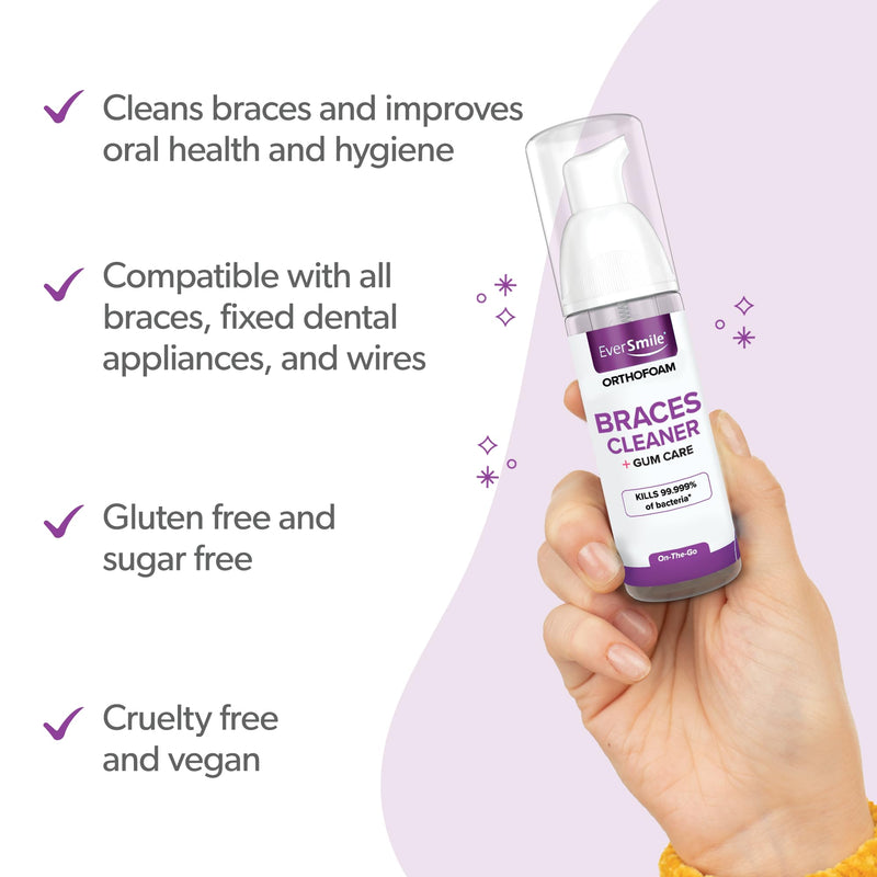 EverSmile OrthoFoam Braces Cleaner ‚Äî Brushable Foam Whitens Teeth, Eliminates Bacteria, Fights Plaque and Bad Breath ‚Äì Cleans Under Metal, Ceramic, Clear Brackets and Wires ‚Äì 50ml 1.69 Fl Oz 1 Pack