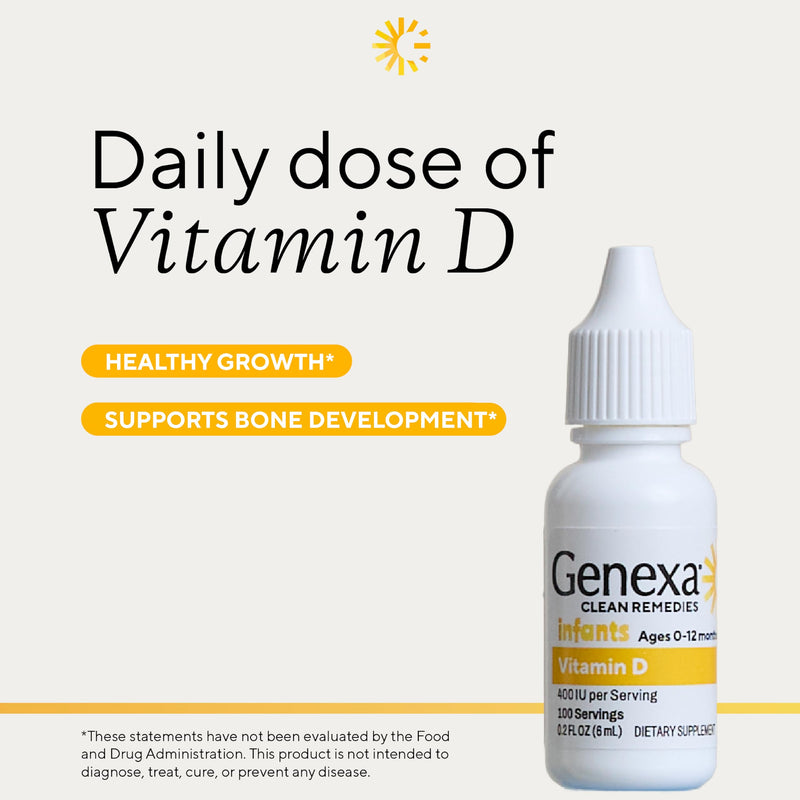 Genexa Vitamin D Drops for Infants & Newborn, Made Clean, 100 Servings | Dye Free, 0% Artificial Additives, Organic, Gluten Free, Non-GMO, Supports Growth & Bone Development in Babies & Toddlers 1 Fl Oz (Pack of 1)