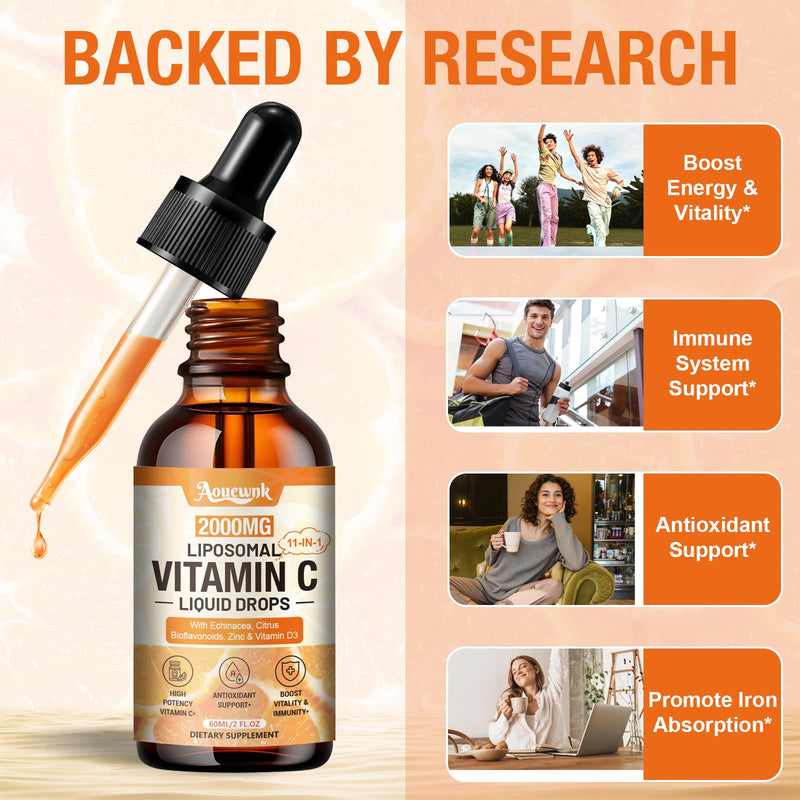 2 Packs Liquid Vitamin C Drops 2000mg, 11-in-1 Liposomal Vitamin C Complex | Support Antioxidant, Skin & Immunity| for Women & Men| with Rose Hips, Echinacea, Citrus Bioflavonoids, Zinc & Vitamin D3 2 Fl Oz (Pack of 2)