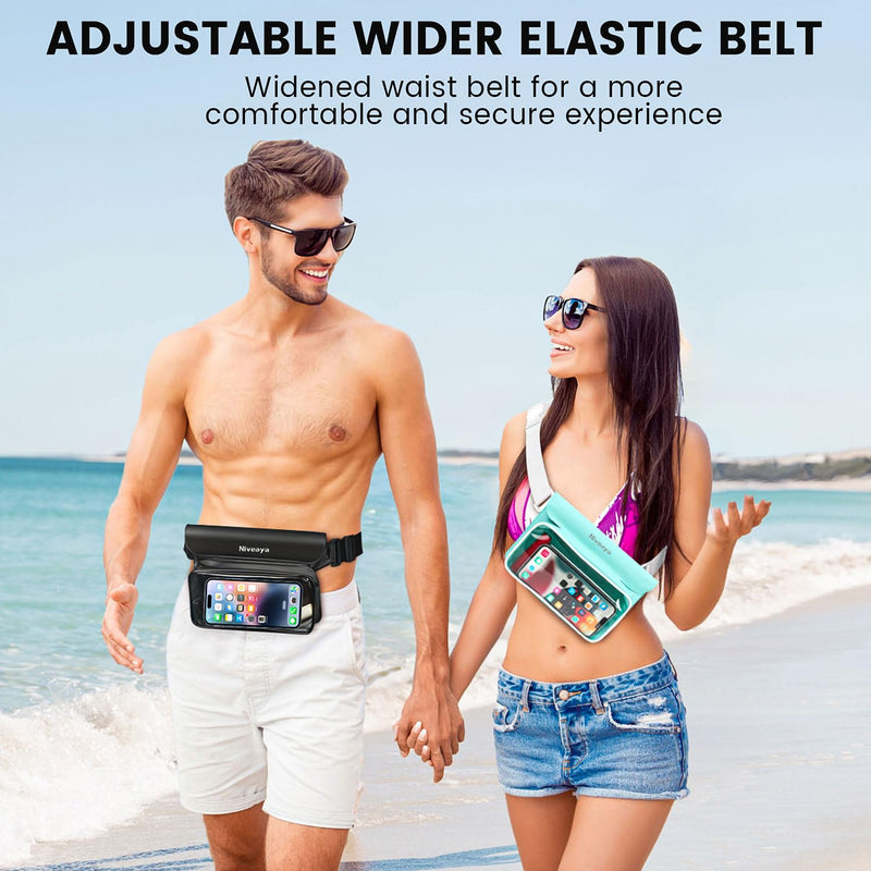 Niveaya IPX8 Waterproof Fanny Pack - 2 Pack, Floating Dry Bag Pouch, Phone Waterproof Waist Pouch Dry Bag, Beach, Kayaking, Swimming, Boat Essentials, for iPhone 17/16/15/14/13/12 Pro Max up to 9.5" Black&Green - BeesActive Australia